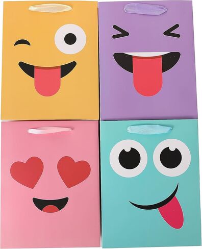 jabberwpacking 9" Medium Gift Bags with Tissue Paper Mischievous Smile Gift Bag for Birthday Party, Wedding, Baby Shower, Party Favor-4 Pack (Yellow, Purple, Pink, Blue) in Kuwait