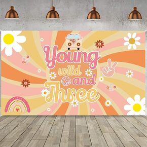 LOONELO Young Wild and Three Birthday Party Backdrop Banner with 70.8X43.3in, Three Groovy Retro Hippie Boho Daisy Flower Photography Background Decorations for 3rd Birthday Party Supplies in Saudi Arabia