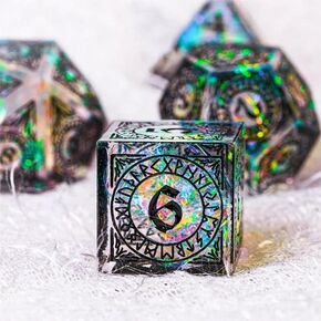 مجموعة نرد حادة DND من معالج الرون القديم الشفاف مع صندوق نرد جلدي | للأبراج المحصنة والتنينات، D&D، الحافة الحادة، نرد الراتنج متعدد السطوح D20، هدايا الزنزانات والتنينات، الملحقات in Kuwait