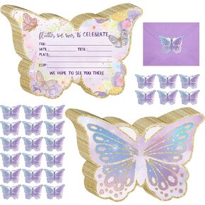 24 Sets Mermaid Birthday Invitations with Envelopes and Mermaid Stickers Glitter Butterfly Invitations for Kids Birthday Party Baby Shower Mermaid Themed Party Supplies Pool Party (Butterfly)