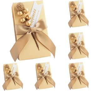 ساجود 50 عبوة من صناديق الهدايا الورقية الذهبية مع شريط وزهور خرز صغيرة، صندوق هدايا حفلات ذهبي لامع لتغليف الحلوى والكوكيز والشوكولاتة والشموع الحرفية in Kuwait
