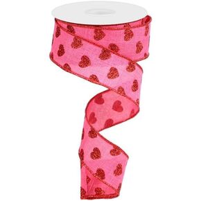 Small Glitter Hearts Wired Edge Ribbon, 10 Yards (1.5 Inch, Hot Pink)