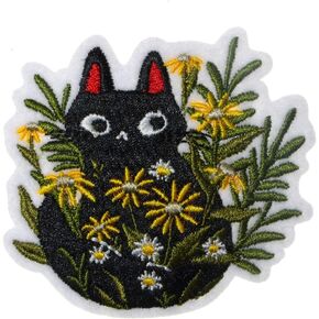 JPT - Black Cat Hides in a Clump of Flowers Cartoon Cute Embroidered Applique Iron/Sew on Patches Badge Cute Logo Patch on Vest Jacket Shirt Hat Jean Clothing Bag in Kuwait