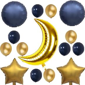 InBy 15pcs Navy Blue and Gold Moon Balloon Sky Night Moon Star Theme Balloon Party Decoration Baby Boy Girl Shower Wedding Birthday 36" Moon Foil Mylar Balloon 18" Start Balloon 12" Latex Balloon Kit
