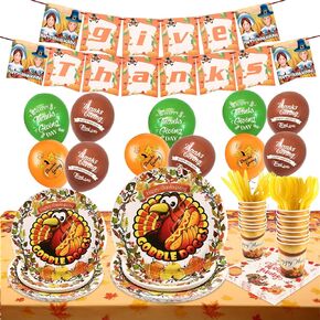 PIUMOJ Thanksgiving Fall Tableware Decorations, Autumn Pumpkin Maple Leaves Dinnerware Kit, Thanksgiving Banners Napkins Plates Cups Ballons for 16 Guests Autumn Thanksgiving Day Party Supplies in Saudi Arabia
