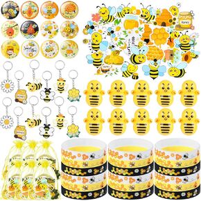 110 Pcs Bee Theme Party Favors Bee Classroom Decorations Color Bee Toy Tumbler Wobbler Yellow Wristband Keychain Button Pin Honey Stickers gift bag for Bee Class Reward Gift Prizes party supplies in Kuwait