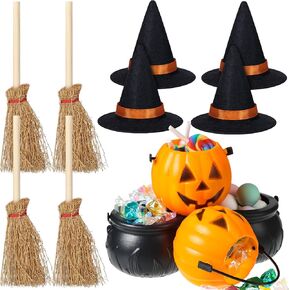 12 Pcs Halloween Mini Witch Hats Candy Cauldron Mini Broom Witch Craft Miniatures Wizard Accessory for Halloween Decorations(Vivid Style) in Kuwait