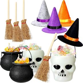 12 Pcs Halloween Mini Witch Hats Candy Cauldron Mini Broom Witch Craft Miniatures Wizard Accessory for Halloween Decorations(Vivid Style) in Saudi Arabia