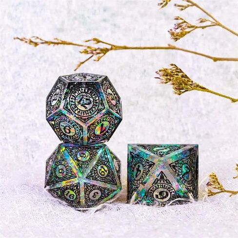 مجموعة نرد حادة DND من معالج الرون القديم الشفاف مع صندوق نرد جلدي | للأبراج المحصنة والتنينات، D&D، الحافة الحادة، نرد الراتنج متعدد السطوح D20، هدايا الزنزانات والتنينات، الملحقات in Kuwait