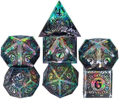 مجموعة نرد حادة DND من معالج الرون القديم الشفاف مع صندوق نرد جلدي | للأبراج المحصنة والتنينات، D&D، الحافة الحادة، نرد الراتنج متعدد السطوح D20، هدايا الزنزانات والتنينات، الملحقات in Kuwait