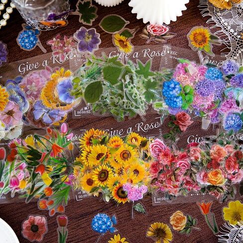 160 Pcs Transparent Flower Stickers for Scrapbooking Junk Journal Diary Planner Bujo Notebook Collage Water Bottle Phone Case Envelope DIY Craft Decoration, 80 Patterns in Saudi Arabia