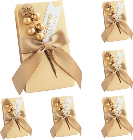 ساجود 50 عبوة من صناديق الهدايا الورقية الذهبية مع شريط وزهور خرز صغيرة، صندوق هدايا حفلات ذهبي لامع لتغليف الحلوى والكوكيز والشوكولاتة والشموع الحرفية in Kuwait