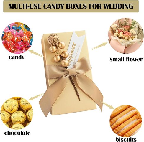 ساجود 50 عبوة من صناديق الهدايا الورقية الذهبية مع شريط وزهور خرز صغيرة، صندوق هدايا حفلات ذهبي لامع لتغليف الحلوى والكوكيز والشوكولاتة والشموع الحرفية in Kuwait