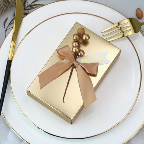 ساجود 50 عبوة من صناديق الهدايا الورقية الذهبية مع شريط وزهور خرز صغيرة، صندوق هدايا حفلات ذهبي لامع لتغليف الحلوى والكوكيز والشوكولاتة والشموع الحرفية in Kuwait