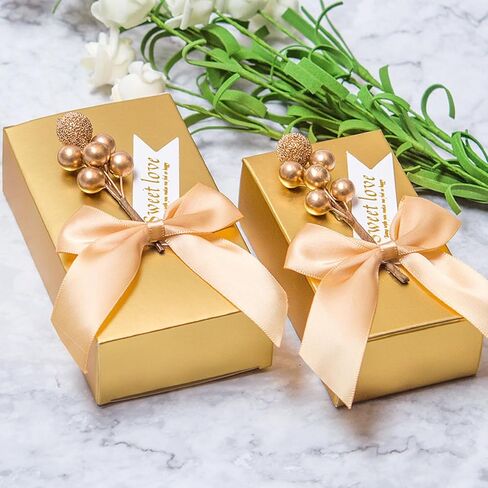 ساجود 50 عبوة من صناديق الهدايا الورقية الذهبية مع شريط وزهور خرز صغيرة، صندوق هدايا حفلات ذهبي لامع لتغليف الحلوى والكوكيز والشوكولاتة والشموع الحرفية in Kuwait