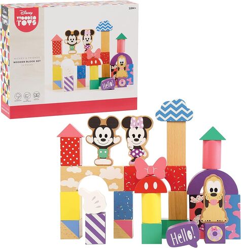 Disney Wooden Toys Mickey Mouse & Friends Block Set, 28-Piece Set Includes Mickey Mouse, Minnie Mouse, and Pluto Block Figures, Officially Licensed Kids Toys for Ages 18 Month by Just Play in Saudi Arabia