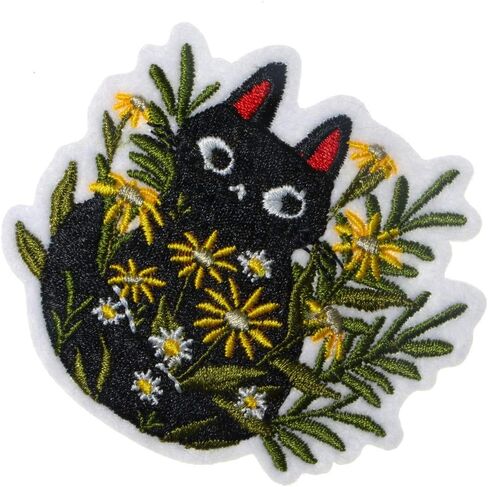 JPT - Black Cat Hides in a Clump of Flowers Cartoon Cute Embroidered Applique Iron/Sew on Patches Badge Cute Logo Patch on Vest Jacket Shirt Hat Jean Clothing Bag in Kuwait