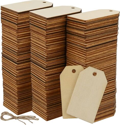 MANCHAP 200 Pieces 1-1/4 x 2-1/4 Inch Wood Gift Tags, Unfinished Blank Wooden Gift Tags Labels with Holes and Jute Twine for DIY Craft Projects, Home Decoration, Painting and Staining in Saudi Arabia