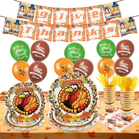 PIUMOJ Thanksgiving Fall Tableware Decorations, Autumn Pumpkin Maple Leaves Dinnerware Kit, Thanksgiving Banners Napkins Plates Cups Ballons for 16 Guests Autumn Thanksgiving Day Party Supplies in Saudi Arabia