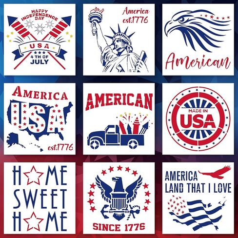 Hying 9PCS Patriotic Stencils for Painting on Wood Wall, 7.9 x 7.9 Inch Reusable 4th of July Stencils, Labor Day American Flag USA Patriotic Stencil Template for DIY Crafts Decorations Supplies in Saudi Arabia