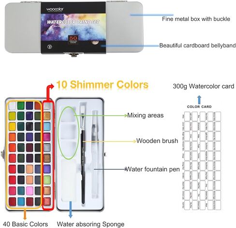ووكولور مجموعة الوان مائية مكونة من 40 لون اساسي و10 الوان لامعة في صندوق من القصدير المحمول تتضمن فرش وباليت واسفنجات ومجموعة سفر الوان مائية للفنانين والاطفال والبالغين والهواة والمبتدئين في الرسم in Kuwait