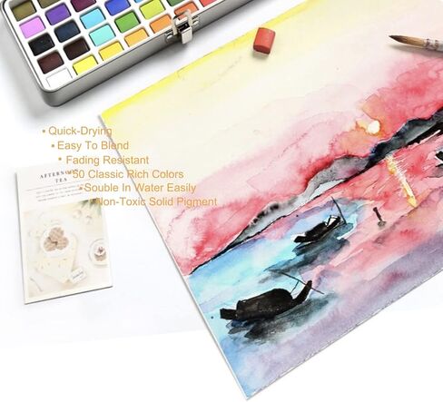 ووكولور مجموعة الوان مائية مكونة من 40 لون اساسي و10 الوان لامعة في صندوق من القصدير المحمول تتضمن فرش وباليت واسفنجات ومجموعة سفر الوان مائية للفنانين والاطفال والبالغين والهواة والمبتدئين في الرسم in Kuwait