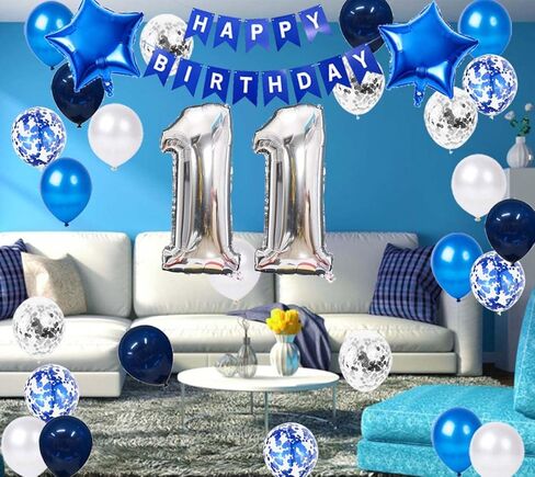 زينة حفلة عيد الميلاد الحادي عشر للأولاد، لافتة عيد ميلاد سعيد باللون الأزرق رقم 11 بالونات عيد الميلاد الحادي عشر لعيد الميلاد الحادي عشر من اللاتكس للأولاد وابنه بعمر 11 عامًا لوازم تزيين عيد الميلاد (الحادي عشر) in Kuwait