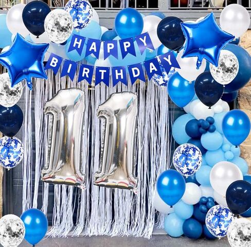 زينة حفلة عيد الميلاد الحادي عشر للأولاد، لافتة عيد ميلاد سعيد باللون الأزرق رقم 11 بالونات عيد الميلاد الحادي عشر لعيد الميلاد الحادي عشر من اللاتكس للأولاد وابنه بعمر 11 عامًا لوازم تزيين عيد الميلاد (الحادي عشر) in Kuwait