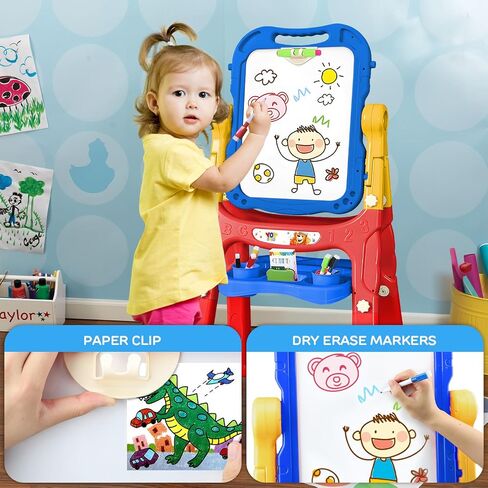TOY Life Easel للأطفال حامل فني للأطفال الصغار - 4 في 1 لوح مغناطيسي كبير مزدوج الجوانب للأطفال، حامل سبورة رسم لوحة بيضاء للأطفال، حروف وأرقام مغناطيسية، هدايا عيد الميلاد للأطفال in Kuwait