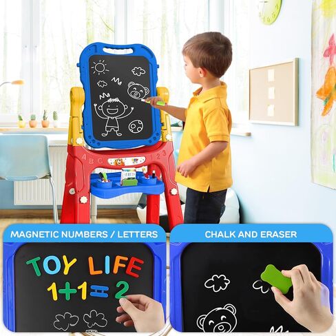 TOY Life Easel للأطفال حامل فني للأطفال الصغار - 4 في 1 لوح مغناطيسي كبير مزدوج الجوانب للأطفال، حامل سبورة رسم لوحة بيضاء للأطفال، حروف وأرقام مغناطيسية، هدايا عيد الميلاد للأطفال in Kuwait