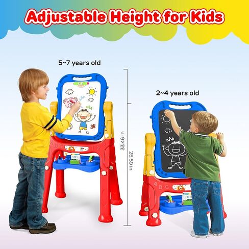 TOY Life Easel للأطفال حامل فني للأطفال الصغار - 4 في 1 لوح مغناطيسي كبير مزدوج الجوانب للأطفال، حامل سبورة رسم لوحة بيضاء للأطفال، حروف وأرقام مغناطيسية، هدايا عيد الميلاد للأطفال in Kuwait