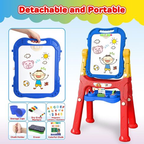 TOY Life Easel للأطفال حامل فني للأطفال الصغار - 4 في 1 لوح مغناطيسي كبير مزدوج الجوانب للأطفال، حامل سبورة رسم لوحة بيضاء للأطفال، حروف وأرقام مغناطيسية، هدايا عيد الميلاد للأطفال in Kuwait