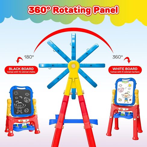TOY Life Easel للأطفال حامل فني للأطفال الصغار - 4 في 1 لوح مغناطيسي كبير مزدوج الجوانب للأطفال، حامل سبورة رسم لوحة بيضاء للأطفال، حروف وأرقام مغناطيسية، هدايا عيد الميلاد للأطفال in Kuwait
