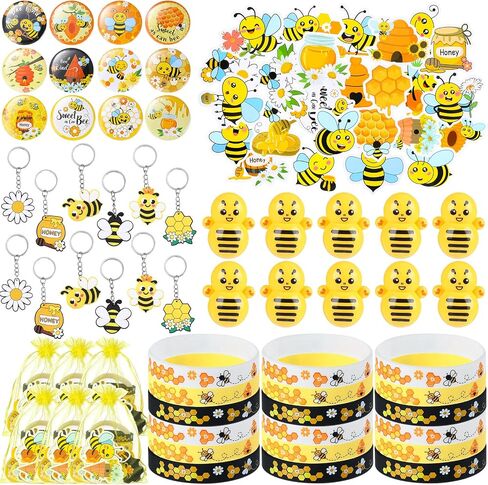 110 Pcs Bee Theme Party Favors Bee Classroom Decorations Color Bee Toy Tumbler Wobbler Yellow Wristband Keychain Button Pin Honey Stickers gift bag for Bee Class Reward Gift Prizes party supplies in Saudi Arabia