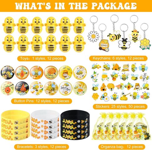 110 Pcs Bee Theme Party Favors Bee Classroom Decorations Color Bee Toy Tumbler Wobbler Yellow Wristband Keychain Button Pin Honey Stickers gift bag for Bee Class Reward Gift Prizes party supplies in Saudi Arabia