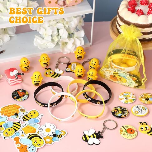 110 Pcs Bee Theme Party Favors Bee Classroom Decorations Color Bee Toy Tumbler Wobbler Yellow Wristband Keychain Button Pin Honey Stickers gift bag for Bee Class Reward Gift Prizes party supplies in Saudi Arabia