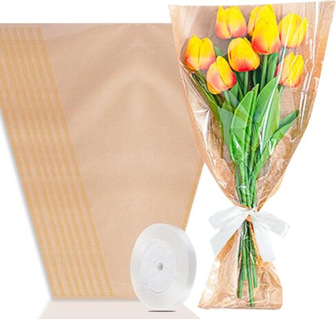 25 عبوة من حافظات الزهور للباقات الكبيرة من اتش دبليو اس فايز، كيس تغليف زهور من ورق الكرافت مع شريط لحفلات الزفاف وعيد الحب واعياد الميلاد ومتجر الزهور in Kuwait