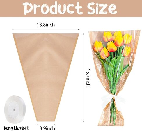25 عبوة من حافظات الزهور للباقات الكبيرة من اتش دبليو اس فايز، كيس تغليف زهور من ورق الكرافت مع شريط لحفلات الزفاف وعيد الحب واعياد الميلاد ومتجر الزهور in Kuwait