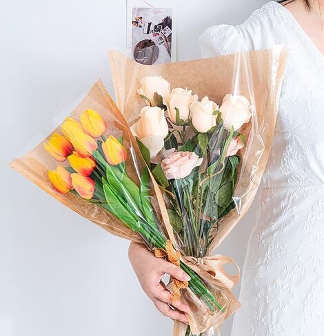 25 عبوة من حافظات الزهور للباقات الكبيرة من اتش دبليو اس فايز، كيس تغليف زهور من ورق الكرافت مع شريط لحفلات الزفاف وعيد الحب واعياد الميلاد ومتجر الزهور in Kuwait