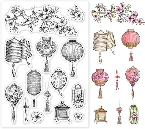 GLOBLELAND Lantern Silicone Clear Stamp Cherry Blossoms Transparent Silicone Stamp Oriental Style Rubber Stamp for Scrapbook Journal Card Making… in Saudi Arabia