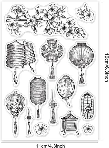 GLOBLELAND Lantern Silicone Clear Stamp Cherry Blossoms Transparent Silicone Stamp Oriental Style Rubber Stamp for Scrapbook Journal Card Making… in Saudi Arabia