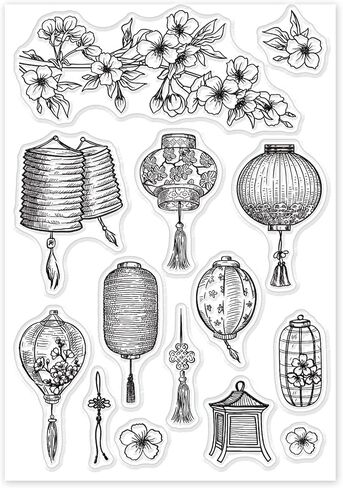 GLOBLELAND Lantern Silicone Clear Stamp Cherry Blossoms Transparent Silicone Stamp Oriental Style Rubber Stamp for Scrapbook Journal Card Making… in Saudi Arabia
