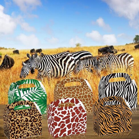 12 Pack Animals Leaf Party Favor Treat Boxes Jungle Zoo Leopard Print Goodie Candy Favor Treat Present Boxes Double-sided Party Recycled Supplies Paper Decoration, 6.3 x 3.7 x 3.7inch in Saudi Arabia