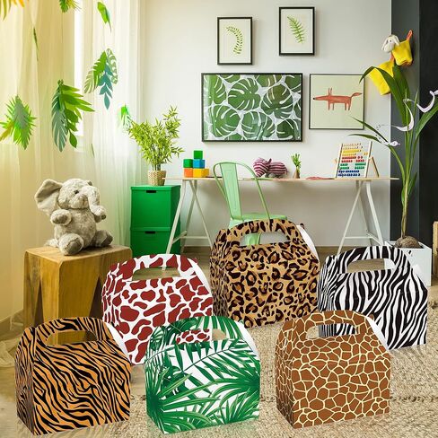 12 Pack Animals Leaf Party Favor Treat Boxes Jungle Zoo Leopard Print Goodie Candy Favor Treat Present Boxes Double-sided Party Recycled Supplies Paper Decoration, 6.3 x 3.7 x 3.7inch in Saudi Arabia