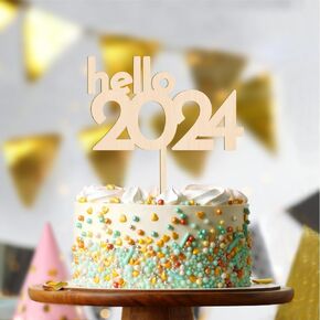 Hello 2024 Wooden Cake Topper,New Years Decorations 2024,Happy New Year Cake Topper,New Year's Eve,Christmas,Happy Holidays Party Decorations