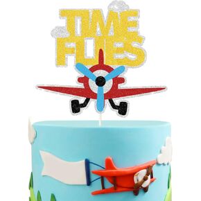 Time Flies Cake Topper, Airplane Aviator Adventure Themed Boys Girls Kids 1st 2nd 3rd 4th Birthday Baby Shower Party Supplies Decorations , Airplane Birthday Decoration.