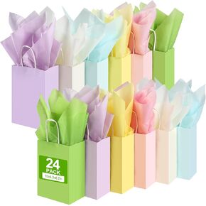 24 عبوة من أكياس الهدايا الورقية مع مناديل من AOZITA، مقاس 8.2 × 4.2 × 10 بوصة، أكياس ورقية متوسطة الحجم للحفلات مع مقابض لاستحمام الطفل، والحرف اليدوية، وحفلات الزفاف، ومستلزمات حفلات أعياد الميلاد، بألوان متنوعة in Kuwait