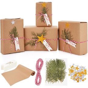 Cholemy 15.7 in x 65.6 ft Christmas Wrapping Paper with Nature Pine Branches Christmas Wrapping Kraft Paper Cotton Rope Star Stickers White Label for Holiday Gift Christmas in Kuwait