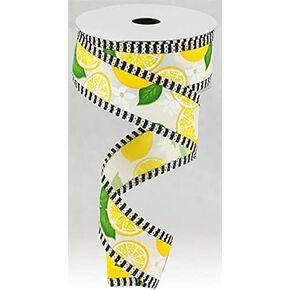 Lemons with Leaves, Flowers, & Stripes Wired Edge Ribbon, 10 Yards (Light Beige, 2.5 Inch)