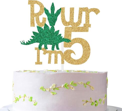 ديناصور سعيد 5th عيد ميلاد كعكة توبر، Rawr I'm 5 ديكور الكعكة، خمسة ريكس، ديناصور لامع تحت عنوان زينة حفلة عيد الميلاد الخامس للأولاد أو البنات in Kuwait